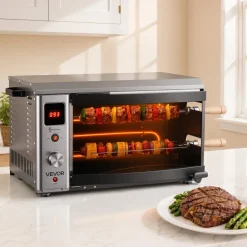 VEVOR Countertop Vertical Oven Brazilian Flame 2 Auto Rotating Skewers, for Steak, Fish, Lamb Leg, 1800W Rotisserie Shawarma Machine, Electric Meat Kebab Grill, with Curved Glass Door, Drip Tray