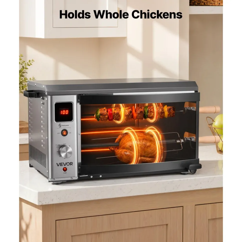 VEVOR Countertop Vertical Oven Brazilian Flame 2 Auto Rotating Skewers, for Steak, Fish, Lamb Leg, 1800W Rotisserie Shawarma Machine, Electric Meat Kebab Grill, with Curved Glass Door, Drip Tray