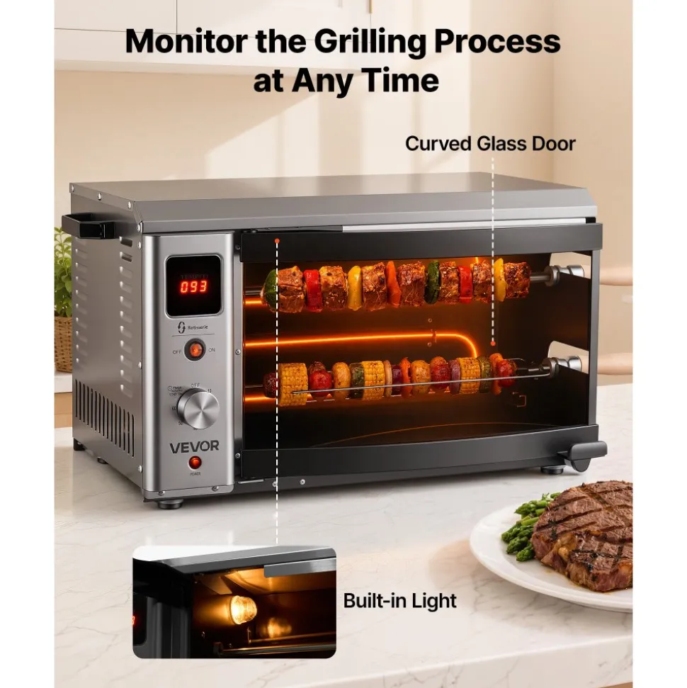 VEVOR Countertop Vertical Oven Brazilian Flame 2 Auto Rotating Skewers, for Steak, Fish, Lamb Leg, 1800W Rotisserie Shawarma Machine, Electric Meat Kebab Grill, with Curved Glass Door, Drip Tray