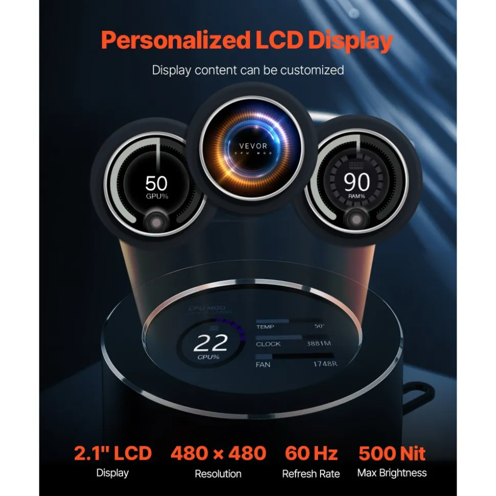 VEVOR CPU Liquid Cooler, AIO CPU Water Cooler - 3 x 120mm PWN Fans, Pump & 2.1'' LCD Display, Max 2200PRM Black CPU Cooling Fan, Compatible for Intel 115X/1366/2011/1700/1200, AMD AM4/AM5