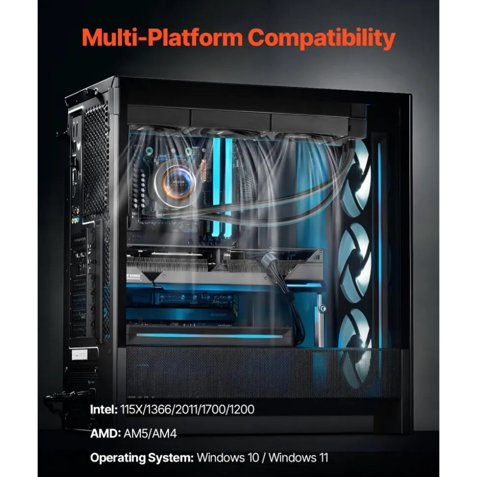 VEVOR CPU Liquid Cooler, AIO CPU Water Cooler - 3 x 120mm PWN Fans, Pump & 2.1'' LCD Display, Max 2200PRM Black CPU Cooling Fan, Compatible for Intel 115X/1366/2011/1700/1200, AMD AM4/AM5