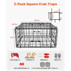 VEVOR Crab Trap, 2 Packs, 24.4x24.4x11.8 inch Heavy Duty Large Crab Pot Trap for Dungeness, Black PVC Coated Wire Mesh for Stealth, with Gauge, Red/White Float, 100ft Leaded Core Rope, and Gloves