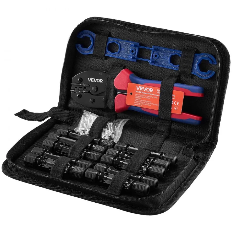 VEVOR Crimping Tool, 14-10 AWG Ratcheting Solar Connector Crimper Tool Kit, Clear Metric & AWG Markings, with 10 Pairs Solar Connectors, 10 Pairs of Cable Connectors, Wrenches, and a Storage Case