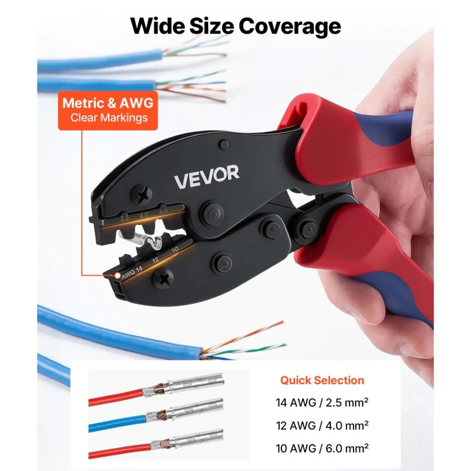 VEVOR Crimping Tool, 14-10 AWG Ratcheting Solar Connector Crimper Tool Kit, Clear Metric & AWG Markings, with 10 Pairs Solar Connectors, 10 Pairs of Cable Connectors, Wrenches, and a Storage Case
