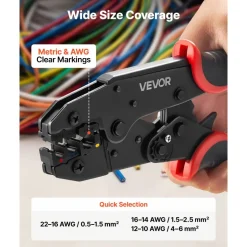 VEVOR Crimping Tool, 22-10 AWG Ratcheting Wire Crimper Tool, Labor-Saving Electrical Terminal Crimp Pliers with Clear Metric & AWG Markings, Quick Release, Adjustable Force for Multiple Terminals