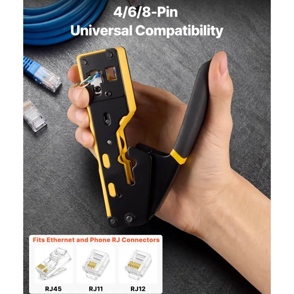 VEVOR Crimping Tool, RJ45/RJ11/RJ12 Ethernet Crimper, Crimp Tool Kit for 4/6/8-Pin Modular Plugs, with Mini Wire Stripper, 50 Connectors and 50 Boots, Replacement Blades, and Network Cable Tester