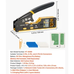 VEVOR Crimping Tool, RJ45/RJ11/RJ12 Ethernet Crimper, Crimp Tool Kit for 4/6/8-Pin Modular Plugs, with Mini Wire Stripper, 50 Connectors and 50 Boots, Replacement Blades, and Network Cable Tester