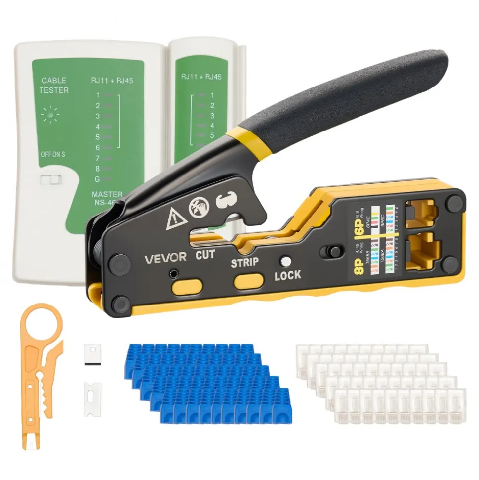 VEVOR Crimping Tool, RJ45/RJ11/RJ12 Ethernet Crimper, Crimp Tool Kit for 4/6/8-Pin Modular Plugs, with Mini Wire Stripper, 50 Connectors and 50 Boots, Replacement Blades, and Network Cable Tester