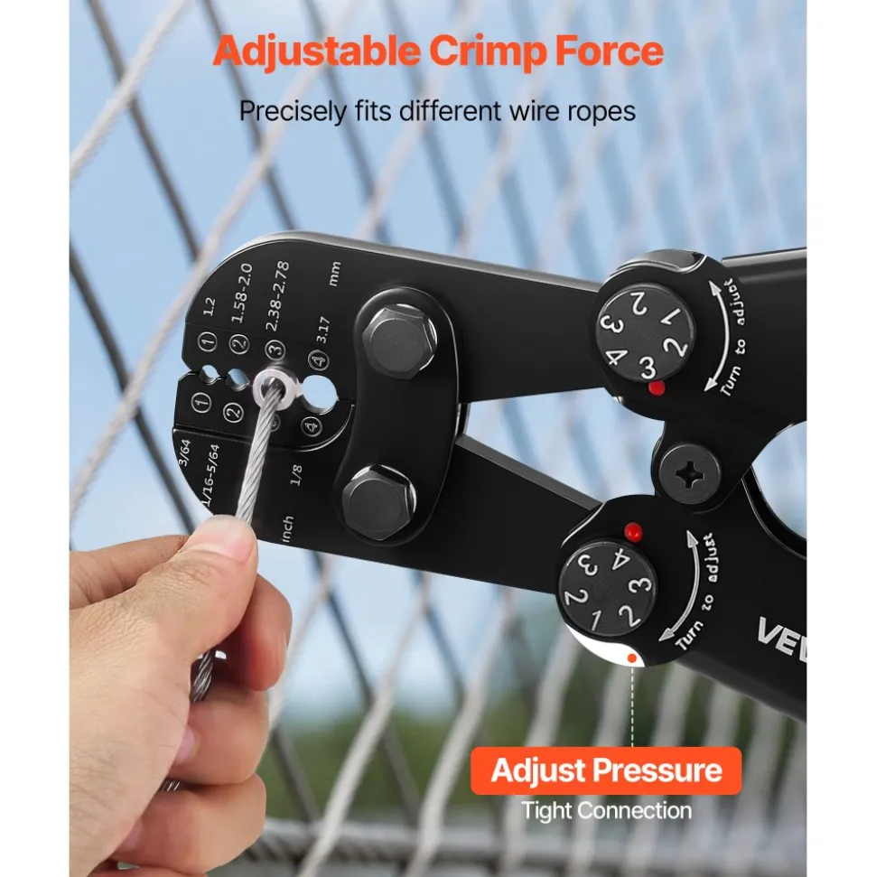 VEVOR Crimping Tool, 3/64" - 1/8" Steel Wire Rope Crimper, with Clear Metric and Imperial Markings, Adjustable Force, Crimp Pliers for Aluminum Oval and Dual Sleeves, and Annealed Copper Sleeves