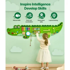 VEVOR Crocodile Activity Wall Busy Board, 9 Activities, Montessori Sensory Wall Panels Toy for Kids Ages 3-12, Interactive Learning Activity Center, Great for Toddler, Playroom, Nursery, Classroom