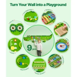 VEVOR Crocodile Activity Wall Busy Board, 9 Activities, Montessori Sensory Wall Panels Toy for Kids Ages 3-12, Interactive Learning Activity Center, Great for Toddler, Playroom, Nursery, Classroom
