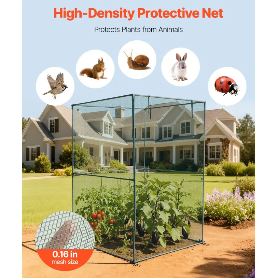 VEVOR Crop Cage, 3.9 x 3.9 x 5.9 ft Plant Protection Tent with Zippered Door, Wind-Resistant Tall Crop Cage, Easy to Install, Outdoor Raised Bed Cover, Tomato Plant Netting for Garden Patio Lawn