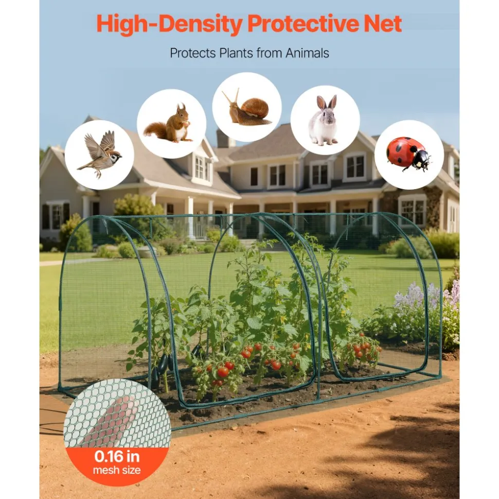 VEVOR Crop Cage, 8.1 x 3.9 x 3.9 ft Plant Protection Tent with Zippered Door, Wind-Resistant Tall Crop Cage, Easy to Install, Outdoor Raised Bed Cover with Frame, Plant Netting for Garden Patio Lawn