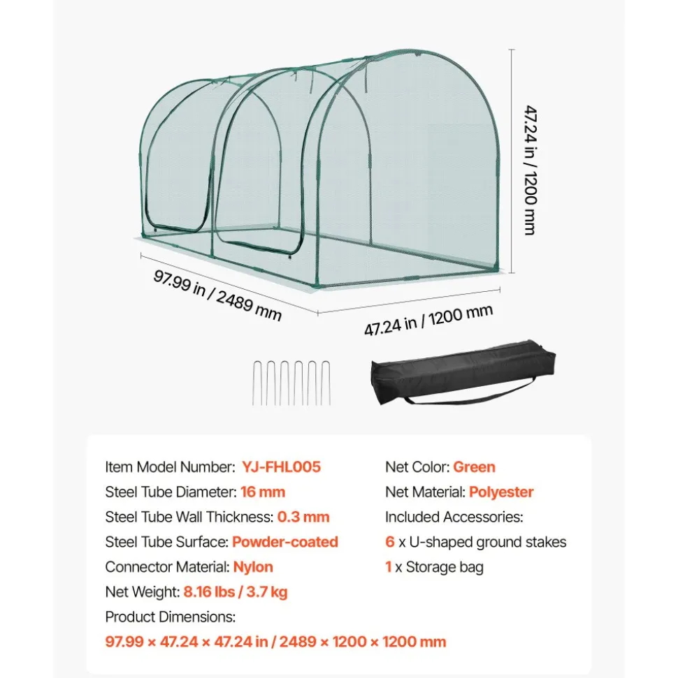 VEVOR Crop Cage, 8.1 x 3.9 x 3.9 ft Plant Protection Tent with Zippered Door, Wind-Resistant Tall Crop Cage, Easy to Install, Outdoor Raised Bed Cover with Frame, Plant Netting for Garden Patio Lawn