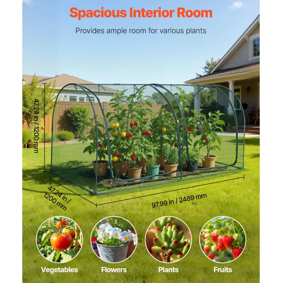 VEVOR Crop Cage, 8.1 x 3.9 x 3.9 ft Plant Protection Tent with Zippered Door, Wind-Resistant Tall Crop Cage, Easy to Install, Outdoor Raised Bed Cover with Frame, Plant Netting for Garden Patio Lawn