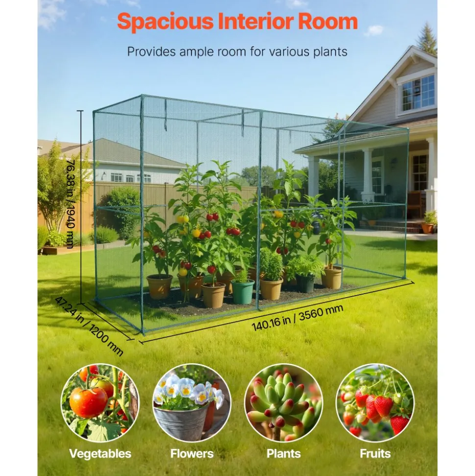 VEVOR Crop Cage, 11.6 x 3.9 x 6.3 ft Plant Protection Tent with Zippered Door, Wind-Resistant Tall Crop Cage, Easy to Install, Outdoor Raised Bed Cover, Tomato Plant Netting for Garden Patio Lawn