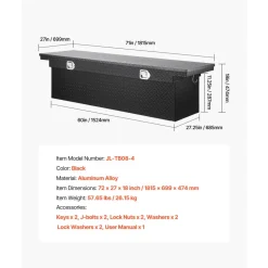 VEVOR Crossover Truck Tool Box, 71x27x18 In, Heavy Duty Aluminum Toolbox with Diamond Texture, Pick Up Truck Bed RV Trailer Toolbox, Waterproof Storage Organizer with Lock, Keys, Side Handles, Black