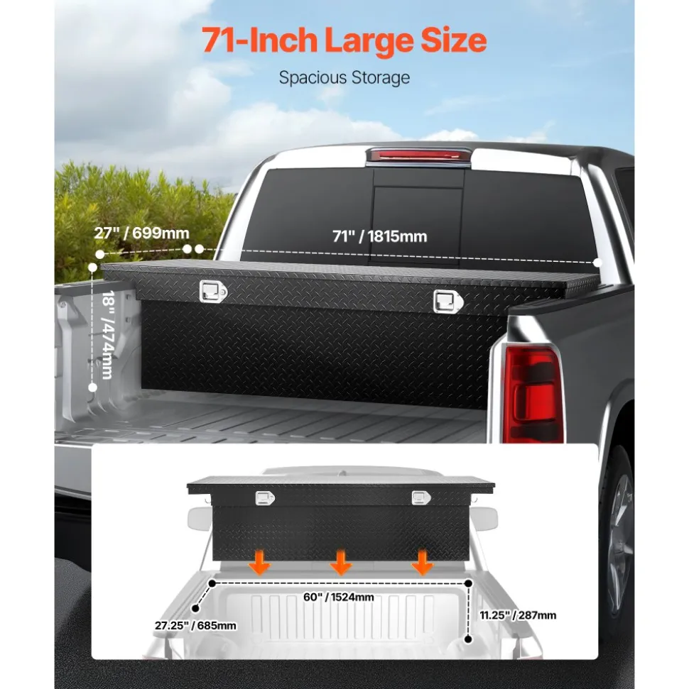 VEVOR Crossover Truck Tool Box, 71x27x18 In, Heavy Duty Aluminum Toolbox with Diamond Texture, Pick Up Truck Bed RV Trailer Toolbox, Waterproof Storage Organizer with Lock, Keys, Side Handles, Black