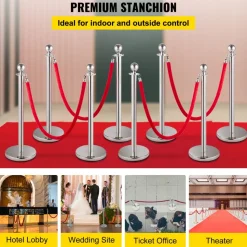VEVOR Crowd Control Stanchion, Set of 8 Pieces Silver Stanchion Set, Stanchion Set with 5 ft/1.5 m Red Velvet Rope, Crowd Control Barrier with Sturdy Concrete and Metal Base
