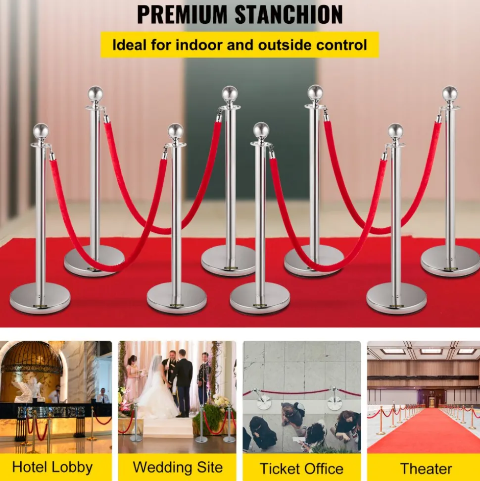 VEVOR Crowd Control Stanchion, Set of 8 Pieces Silver Stanchion Set, Stanchion Set with 5 ft/1.5 m Red Velvet Rope, Crowd Control Barrier with Sturdy Concrete and Metal Base