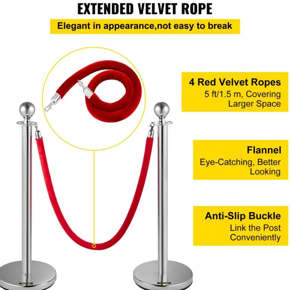 VEVOR Crowd Control Stanchion, Set of 8 Pieces Silver Stanchion Set, Stanchion Set with 5 ft/1.5 m Red Velvet Rope, Crowd Control Barrier with Sturdy Concrete and Metal Base