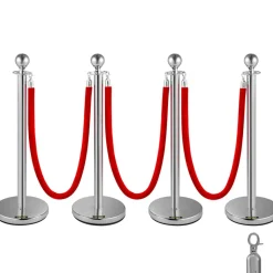VEVOR Crowd Control Stanchion, Set of 4 Pieces Silver Stanchion Set, Stanchion Set with 5 ft/1.5 m Red Velvet Rope, Crowd Control Barrier