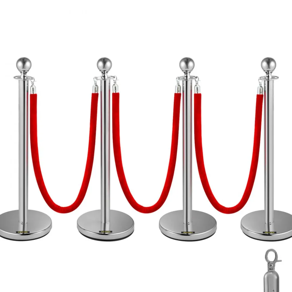 VEVOR Crowd Control Stanchion, Set of 4 Pieces Silver Stanchion Set, Stanchion Set with 5 ft/1.5 m Red Velvet Rope, Crowd Control Barrier