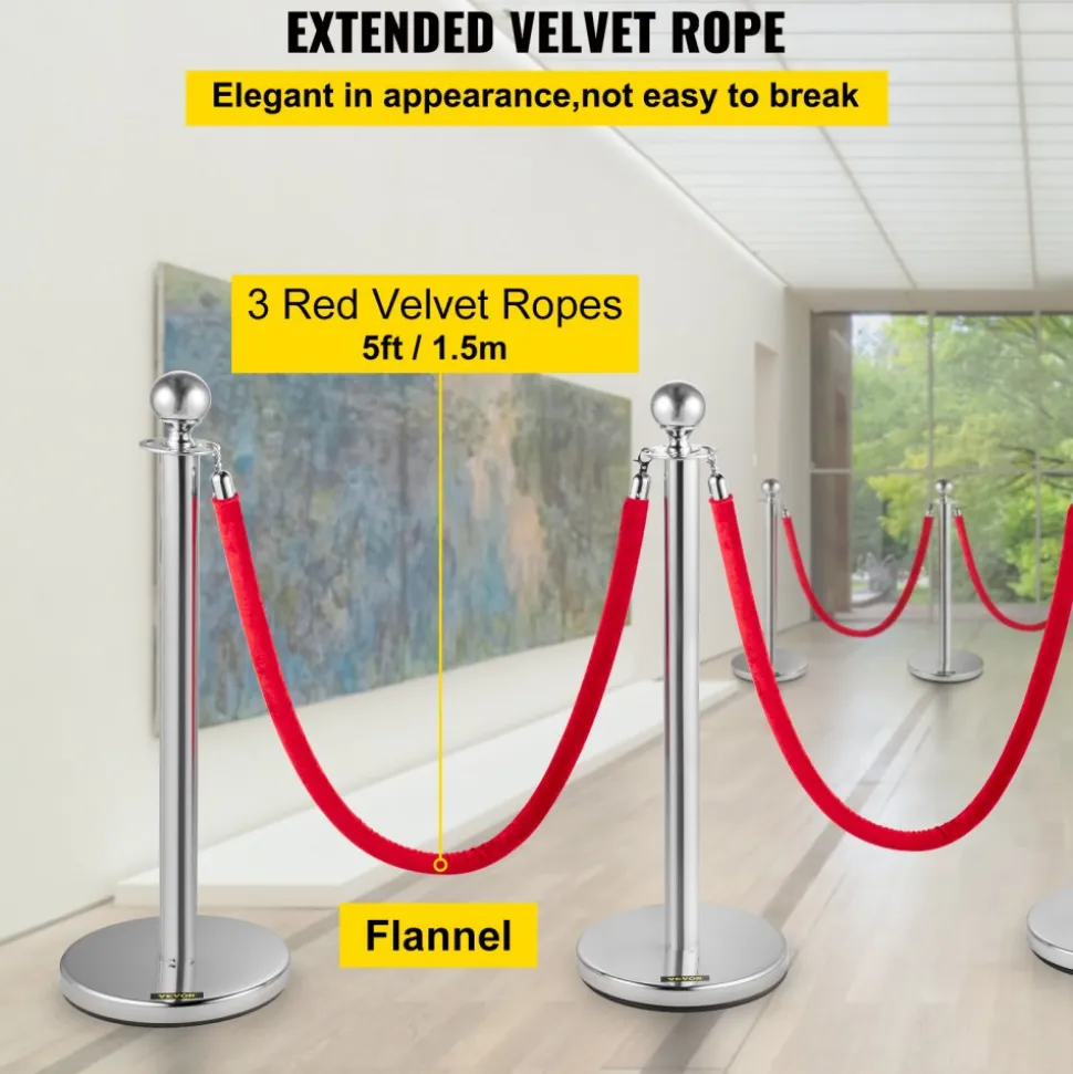 VEVOR Crowd Control Stanchion, Set of 4 Pieces Silver Stanchion Set, Stanchion Set with 5 ft/1.5 m Red Velvet Rope, Crowd Control Barrier