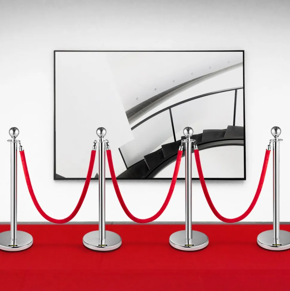 VEVOR Crowd Control Stanchion, Set of 4 Pieces Silver Stanchion Set, Stanchion Set with 5 ft/1.5 m Red Velvet Rope, Crowd Control Barrier