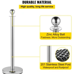 VEVOR Crowd Control Stanchion, Set of 4 Pieces Silver Stanchion Set, Stanchion Set with 5 ft/1.5 m Red Velvet Rope, Crowd Control Barrier