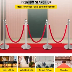 VEVOR Crowd Control Stanchion, Set of 4 Pieces Silver Stanchion Set, Stanchion Set with 5 ft/1.5 m Red Velvet Rope, Crowd Control Barrier