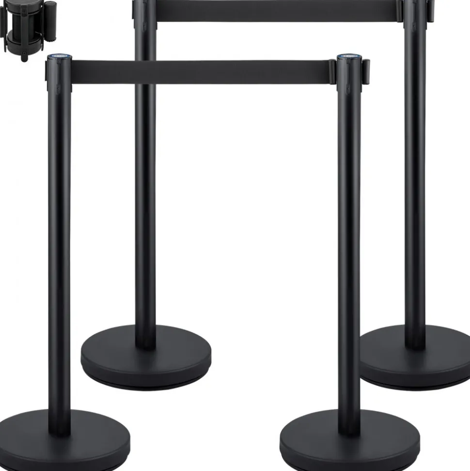 VEVOR Crowd Control Stanchion, Set of 4 Pieces Stanchion Set, Stanchion Set with 6.6 ft/2 m Black Retractable Belt, Black Crowd Control Barrier with Concrete and Metal Base – Easy Connect Assembly