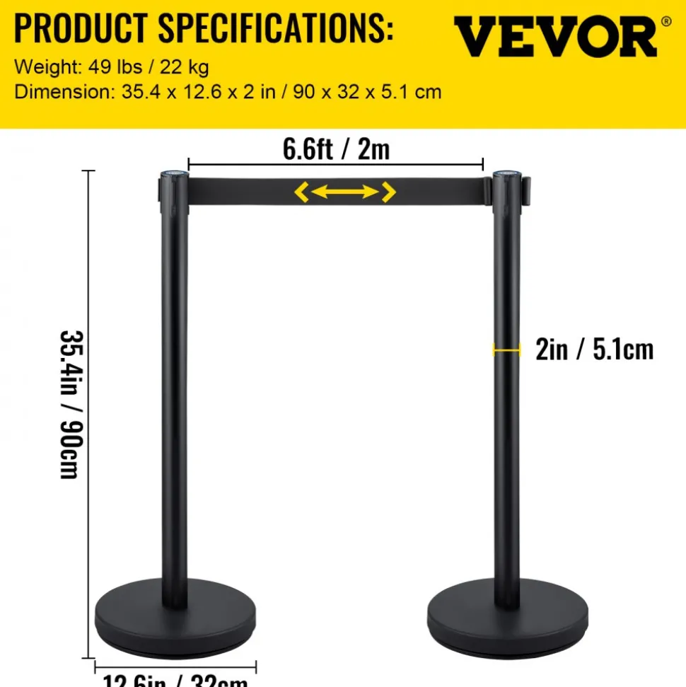 VEVOR Crowd Control Stanchion, Set of 4 Pieces Stanchion Set, Stanchion Set with 6.6 ft/2 m Black Retractable Belt, Black Crowd Control Barrier with Concrete and Metal Base – Easy Connect Assembly