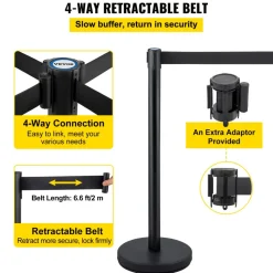 VEVOR Crowd Control Stanchion, Set of 4 Pieces Stanchion Set, Stanchion Set with 6.6 ft/2 m Black Retractable Belt, Black Crowd Control Barrier with Concrete and Metal Base – Easy Connect Assembly