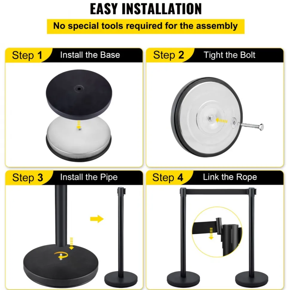 VEVOR Crowd Control Stanchion, Set of 4 Pieces Stanchion Set, Stanchion Set with 6.6 ft/2 m Black Retractable Belt, Black Crowd Control Barrier with Concrete and Metal Base – Easy Connect Assembly