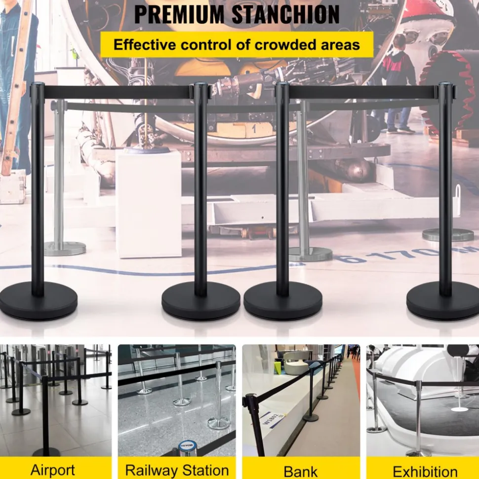 VEVOR Crowd Control Stanchion, Set of 4 Pieces Stanchion Set, Stanchion Set with 6.6 ft/2 m Black Retractable Belt, Black Crowd Control Barrier with Concrete and Metal Base – Easy Connect Assembly