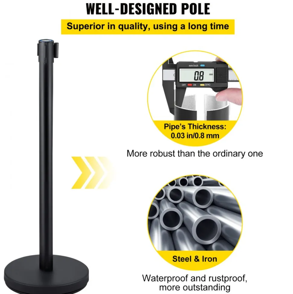 VEVOR Crowd Control Stanchion, Set of 4 Pieces Stanchion Set, Stanchion Set with 6.6 ft/2 m Black Retractable Belt, Black Crowd Control Barrier with Concrete and Metal Base – Easy Connect Assembly