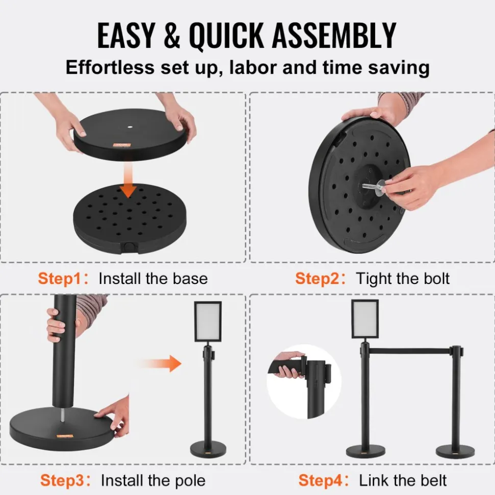 VEVOR Crowd Control Stanchions, 6-Pack Crowd Control Barriers, Carbon Steel Baking Painted Stanchion Queue Post with Sign Holder & 3PCS 6.5FT Retractable Belt, Belt Barrier Line Divider, Easy Assembly