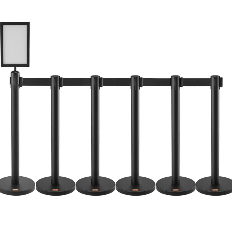 VEVOR Crowd Control Stanchions, 6-Pack Crowd Control Barriers, Carbon Steel Baking Painted Stanchion Queue Post with Sign Holder & 3PCS 6.5FT Retractable Belt, Belt Barrier Line Divider, Easy Assembly
