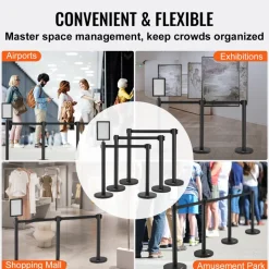 VEVOR Crowd Control Stanchions, 6-Pack Crowd Control Barriers, Carbon Steel Baking Painted Stanchion Queue Post with Sign Holder & 3PCS 6.5FT Retractable Belt, Belt Barrier Line Divider, Easy Assembly