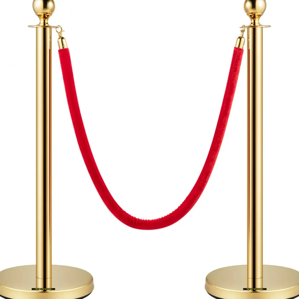 VEVOR Crowd Control Stanchion, Set of 8 Pieces Stanchion Set, Stanchion Set with 5 ft/1.5 m Red Velvet Rope, Gold Crowd Control Barrier with Sturdy Concrete and Metal Base – Easy Connect Assembly