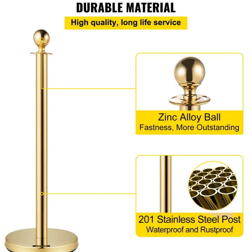 VEVOR Crowd Control Stanchion, Set of 8 Pieces Stanchion Set, Stanchion Set with 5 ft/1.5 m Red Velvet Rope, Gold Crowd Control Barrier with Sturdy Concrete and Metal Base – Easy Connect Assembly