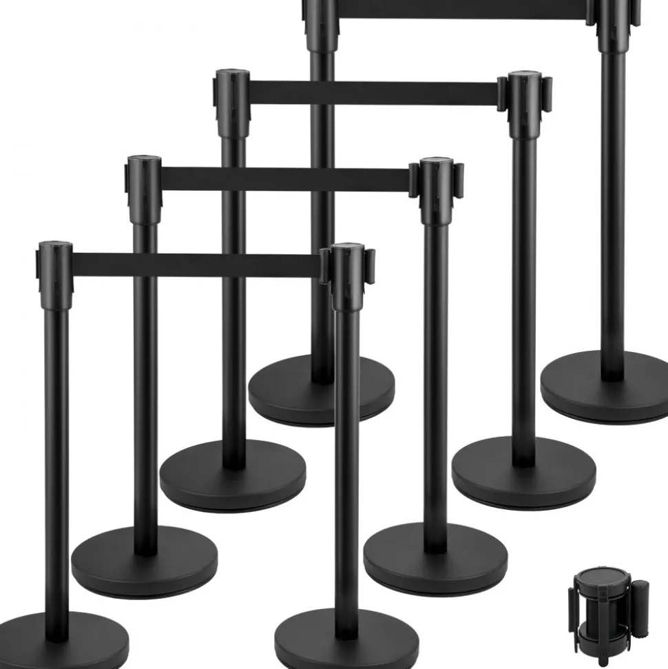 VEVOR Crowd Control Stanchion, Set of 8 Pieces Stanchion Set, Stanchion Set with 6.6 ft/2 m Black Retractable Belt, Black Crowd Control Barrier with Concrete and Metal Base – Easy Connect Assembly