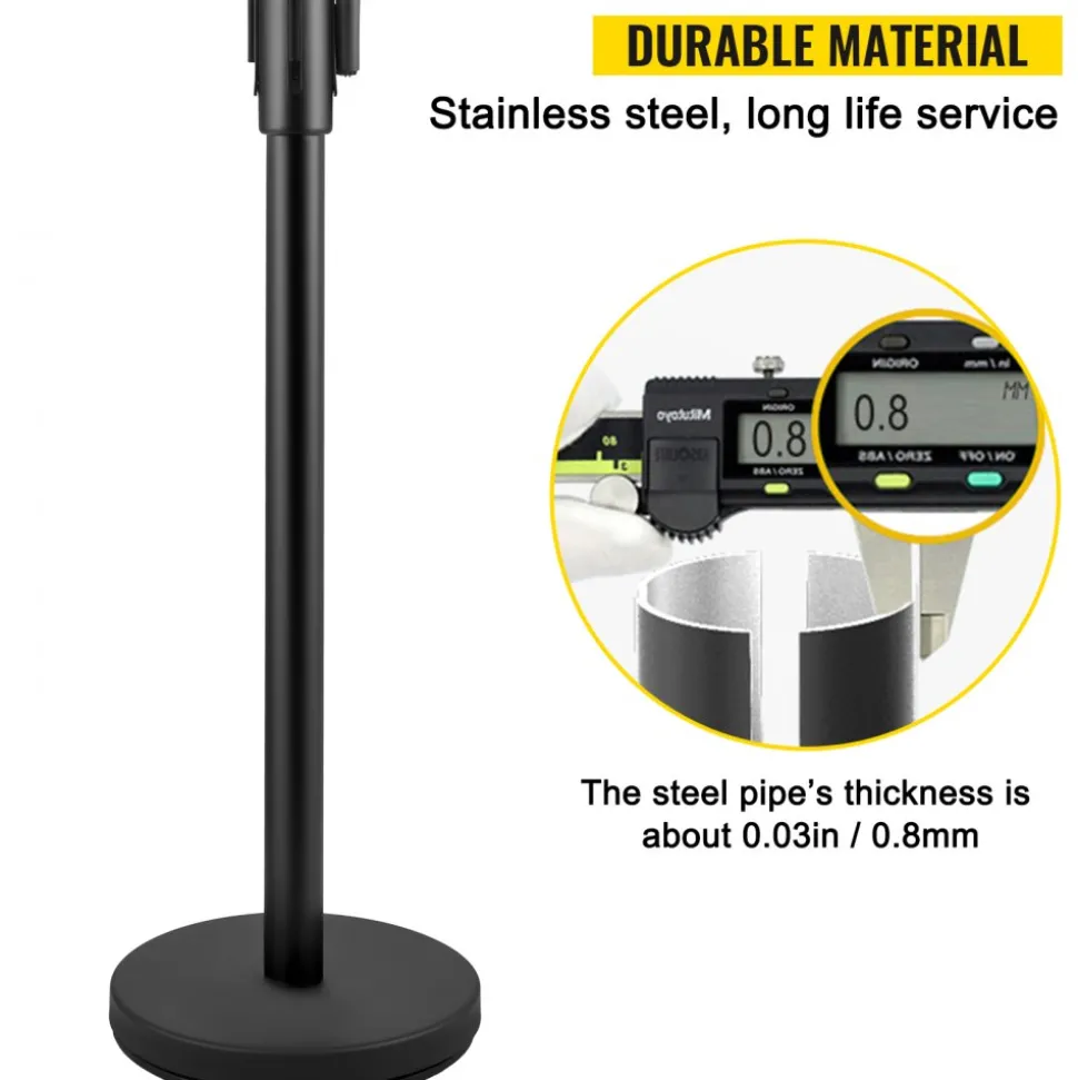 VEVOR Crowd Control Stanchion, Set of 8 Pieces Stanchion Set, Stanchion Set with 6.6 ft/2 m Black Retractable Belt, Black Crowd Control Barrier with Concrete and Metal Base – Easy Connect Assembly