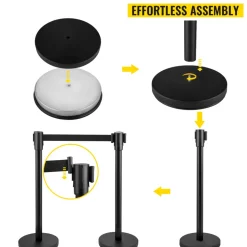 VEVOR Crowd Control Stanchion, Set of 8 Pieces Stanchion Set, Stanchion Set with 6.6 ft/2 m Black Retractable Belt, Black Crowd Control Barrier with Concrete and Metal Base – Easy Connect Assembly