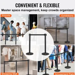 VEVOR Crowd Control Stanchion, Set of 8 Pieces Stanchion Set, Stanchion Set with 6.6 ft/2 m Black Retractable Belt, Black Crowd Control Barrier with Concrete and Metal Base – Easy Connect Assembly