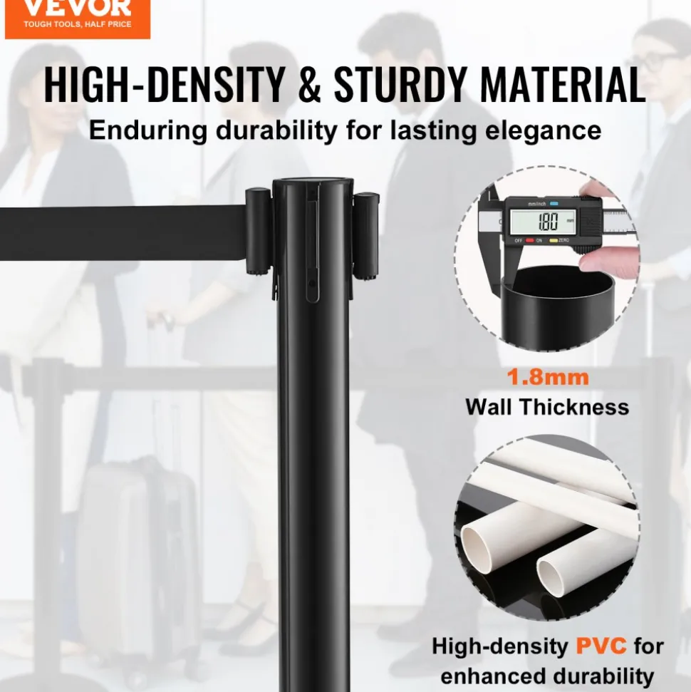 VEVOR Crowd Control Stanchions, 8-Pack Crowd Control Barriers with 4PCS 6.5FT Black Retractable Belts, Plastic Stanchion Queue Post, Belt Barriers Line Divider Stanchion Set for Airport, Exhibition