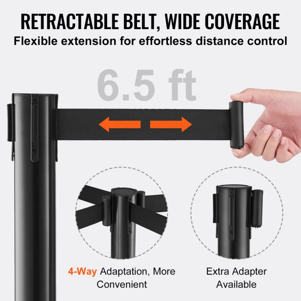 VEVOR Crowd Control Stanchions, 8-Pack Crowd Control Barriers with 4PCS 6.5FT Black Retractable Belts, Plastic Stanchion Queue Post, Belt Barriers Line Divider Stanchion Set for Airport, Exhibition