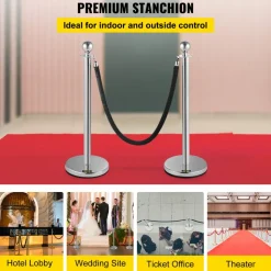 VEVOR Crowd Control Stanchion, Set of 2 Pieces Stanchion, Stanchion Set with 5 ft/1.5 m Black Velvet Rope, Silver Crowd Control Barrier with Sturdy Concrete and Metal Base – Easy Connect Assembly