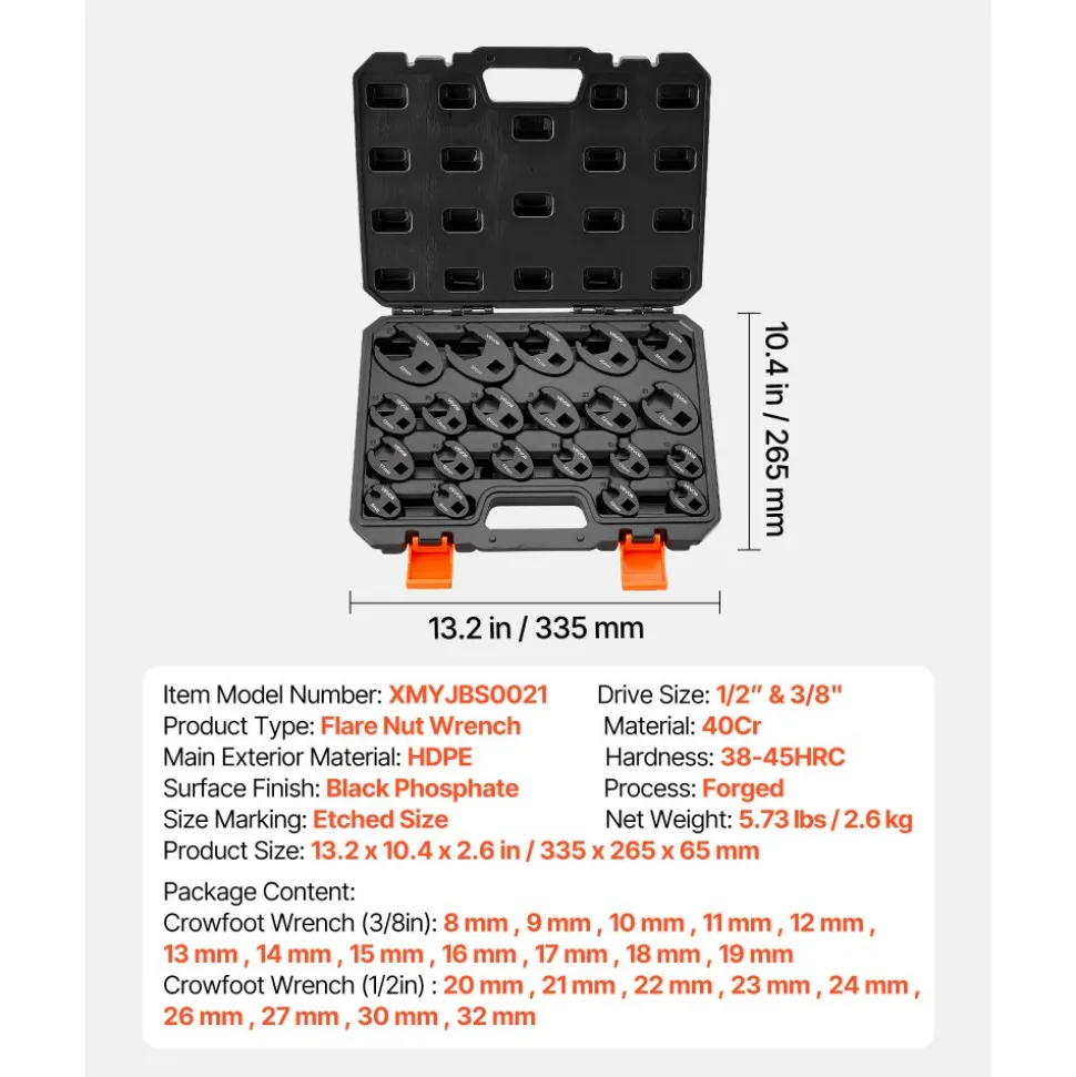 VEVOR Crowfoot Wrench Set, 1/2" and 3/8" Drive, 21-Piece Metric Dual-Drive Flare Nut Crows Foot Wrenches, with Storage Case, Dual Size Markings on Tools and Case, for Maintenance